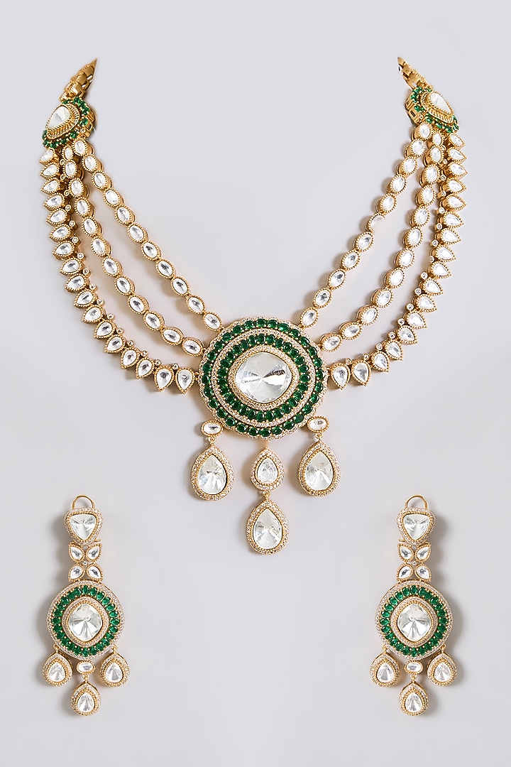 Gold Finish Kundan Stone Green Enameled Long Layered Necklace Set by Aura Trends at Pernia's Pop Up Shop