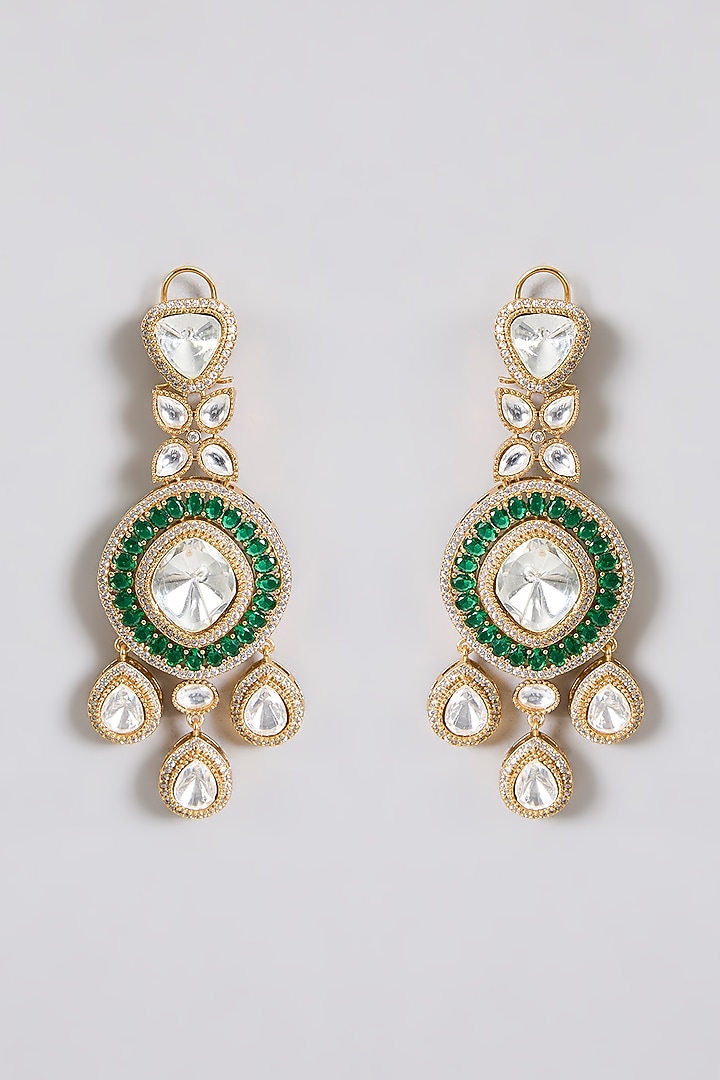 Gold Finish Kundan Stone Green Enameled Long Layered Necklace Set by Aura Trends at Pernia's Pop Up Shop