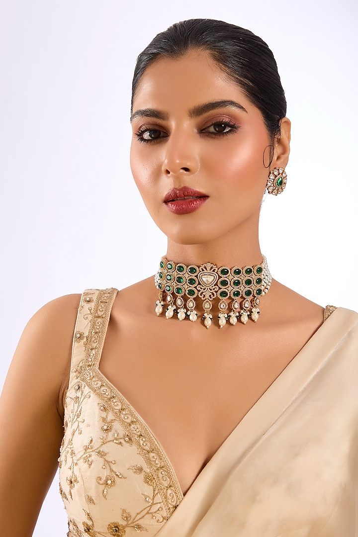 Gold Finish Green Kundan Stone & Pearl Choker Necklace Set
 by Auraa Trends at Pernia's Pop Up Shop