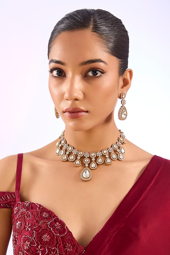 Gold Finish Kundan Polki & Crystal Choker Necklace Set by Aura Trends at Pernia's Pop Up Shop