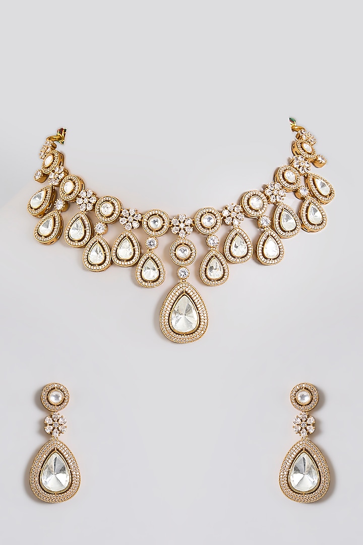 Gold Finish Kundan Polki & Crystal Choker Necklace Set by Aura Trends at Pernia's Pop Up Shop