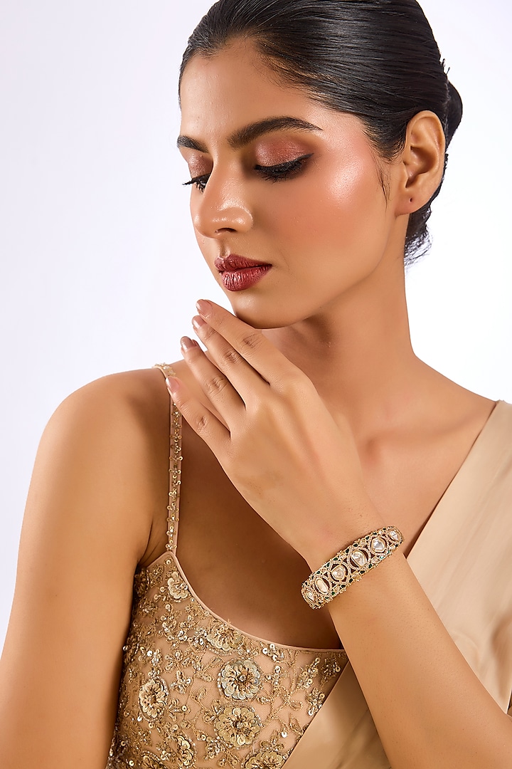 Gold Finish Floral Motif & Kundan Polki Bracelet by Auraa Trends at Pernia's Pop Up Shop
