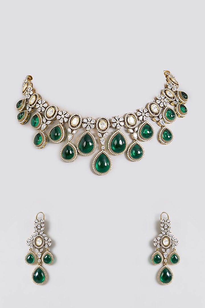Gold Finish Kundan Polki & Emerald Green Stone Choker Necklace Set by Aura Trends at Pernia's Pop Up Shop