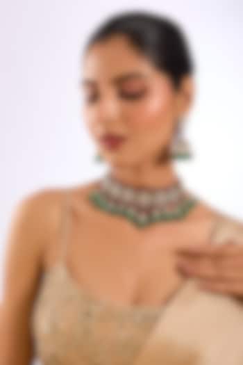 Gold Finish Ruby Red & Emerald Green Stone Choker Necklace Set by Auraa Trends at Pernia's Pop Up Shop