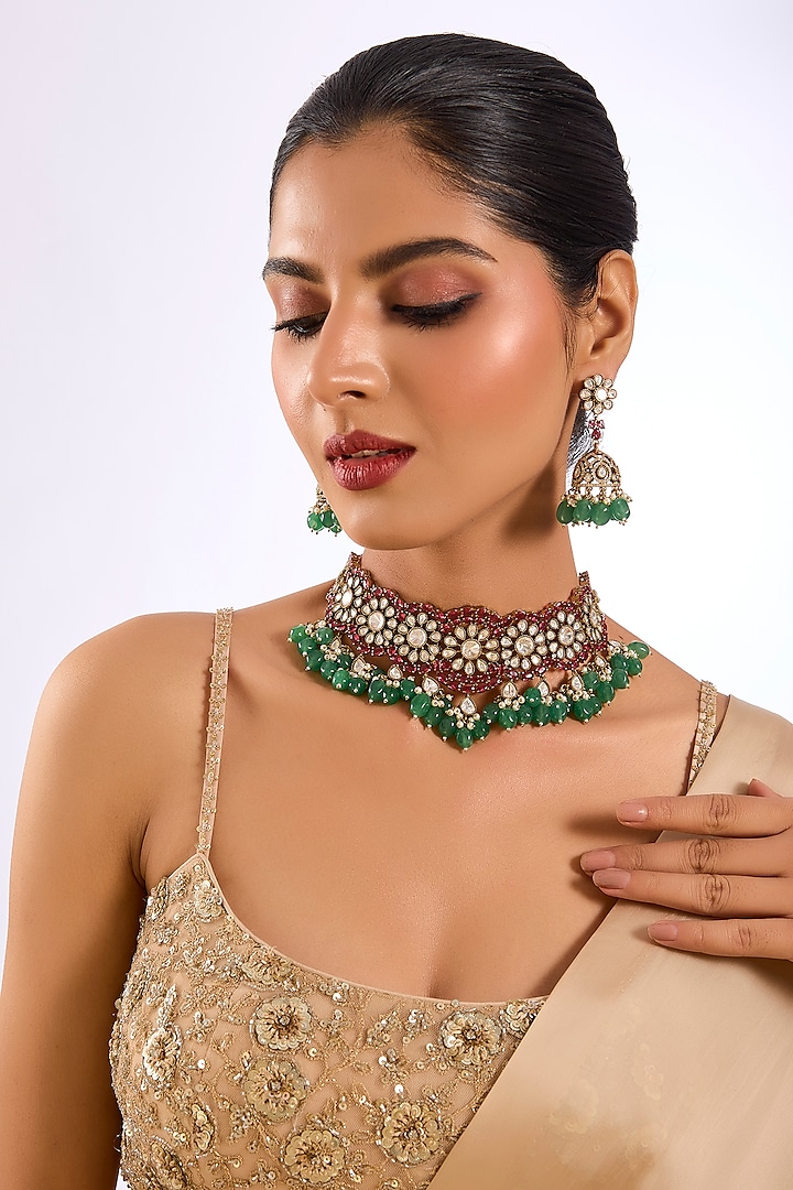 Gold Finish Ruby Red & Emerald Green Stone Choker Necklace Set by Auraa Trends at Pernia's Pop Up Shop