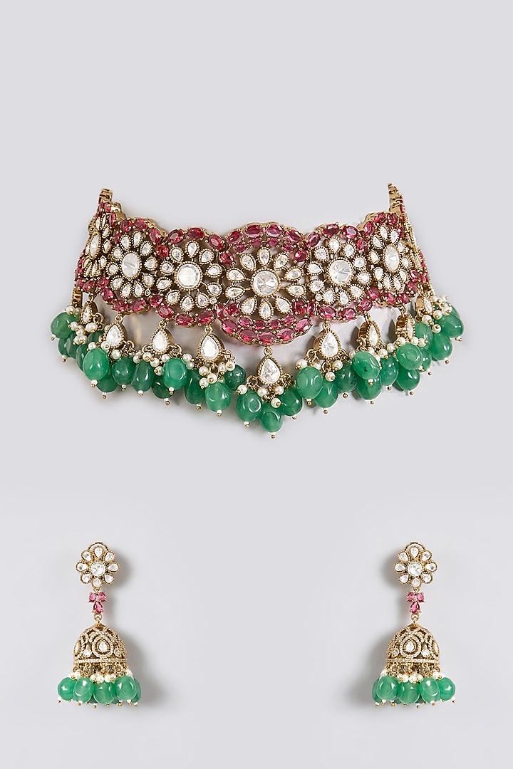 Gold Finish Ruby Red & Emerald Green Stone Choker Necklace Set by Aura Trends at Pernia's Pop Up Shop