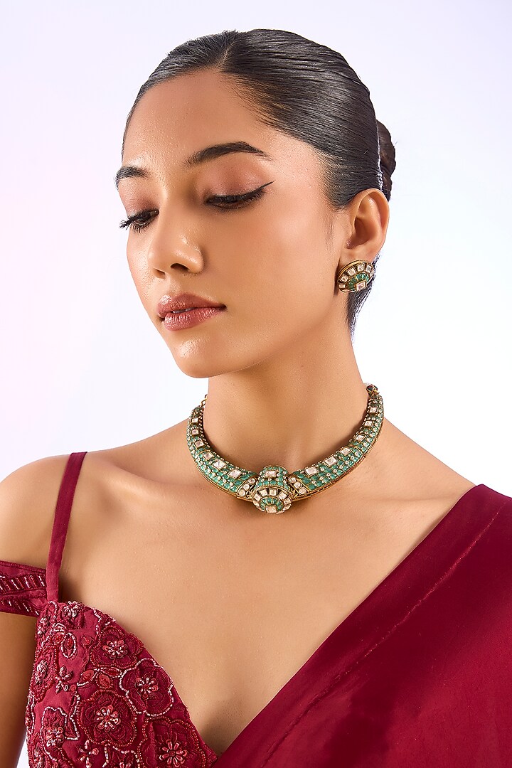 Gold Finish Kundan Polki & Mint Green Stone Choker Necklace Set by Aura Trends at Pernia's Pop Up Shop