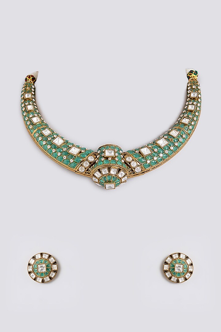 Gold Finish Kundan Polki & Mint Green Stone Choker Necklace Set by Aura Trends at Pernia's Pop Up Shop