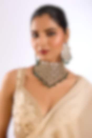 Gold Finish Kundan Polki & Emerald Green Stone Layered Choker Necklace Set by Auraa Trends at Pernia's Pop Up Shop