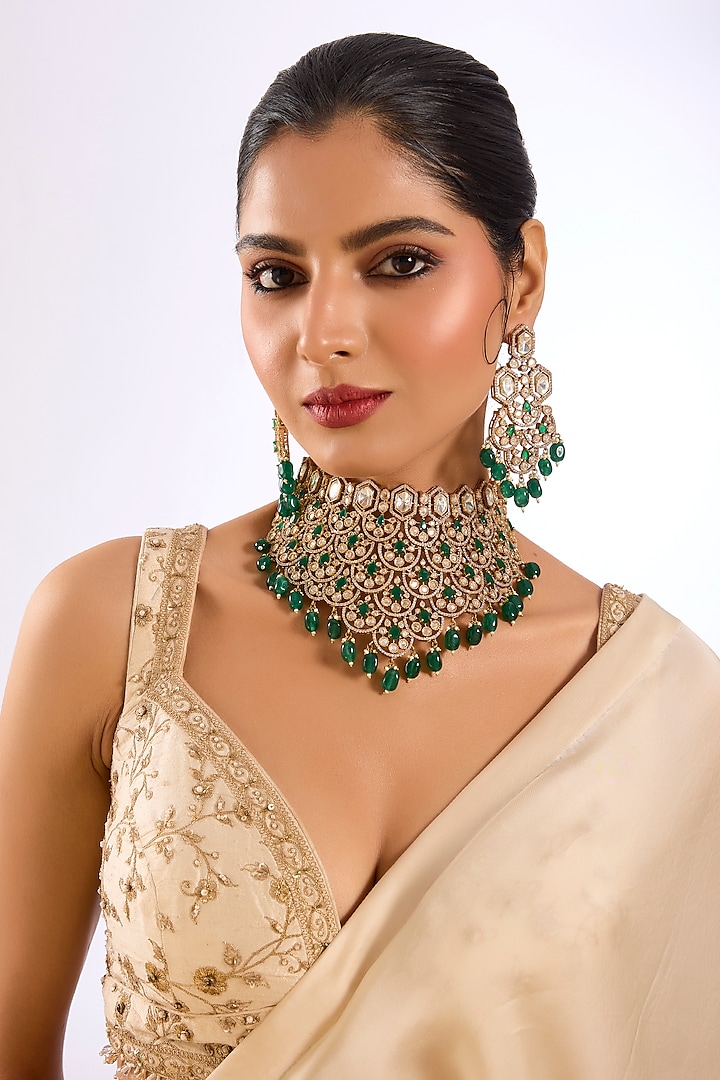 Gold Finish Kundan Polki & Emerald Green Stone Layered Choker Necklace Set by Auraa Trends at Pernia's Pop Up Shop