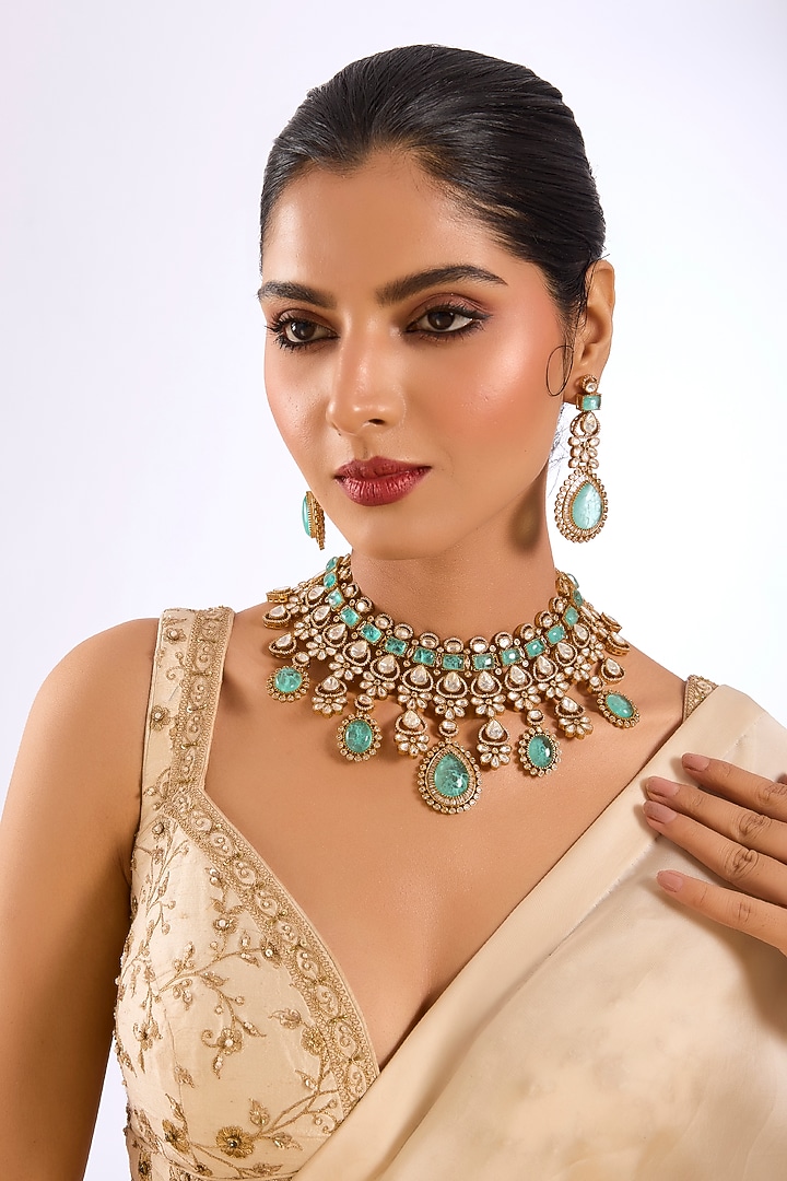 Gold Finish Kundan Polki & Aqua Blue Beaded Choker Necklace Set by Auraa Trends at Pernia's Pop Up Shop