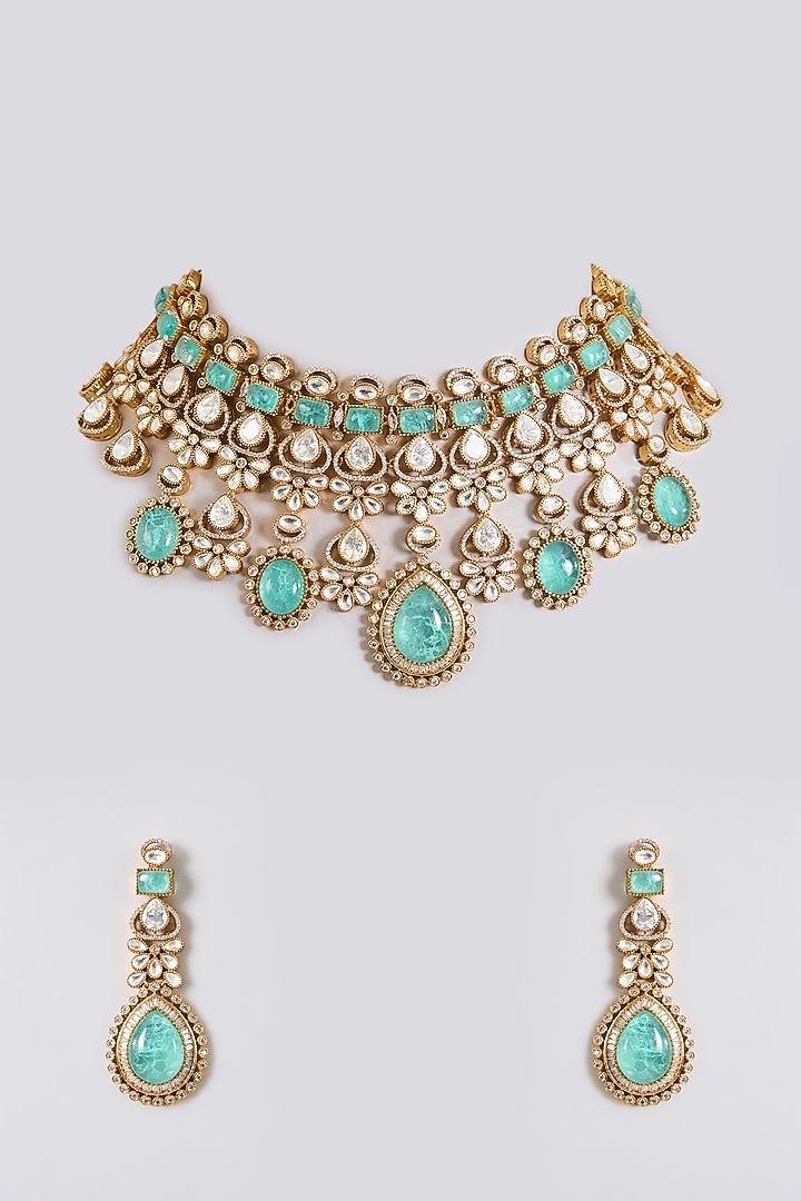 Gold Finish Kundan Polki & Aqua Blue Beaded Choker Necklace Set by Aura Trends at Pernia's Pop Up Shop