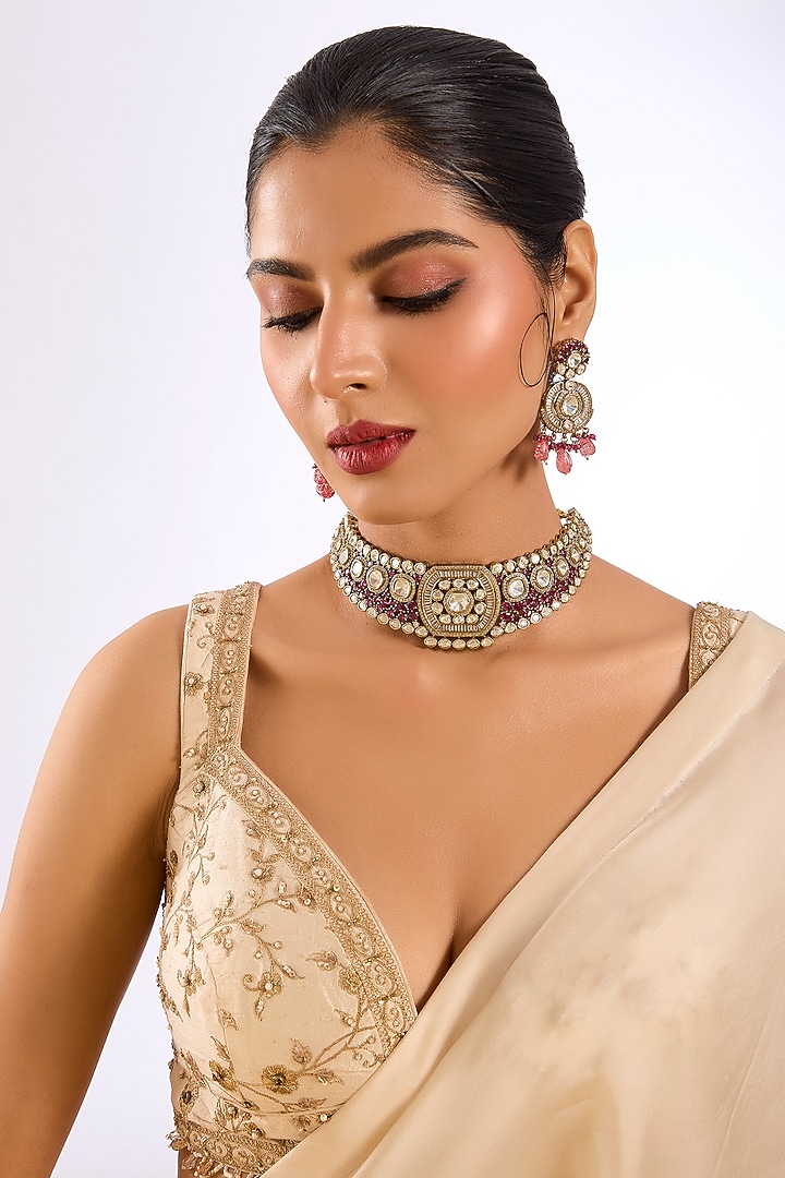 Gold Finish Kundan Polki & Pink Pearl Drop Choker Necklace Set by Aura Trends at Pernia's Pop Up Shop