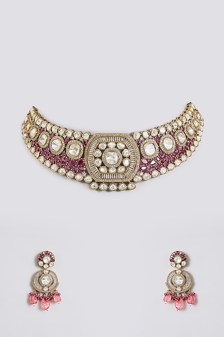 Gold Finish Kundan Polki & Pink Pearl Drop Choker Necklace Set by Aura Trends at Pernia's Pop Up Shop