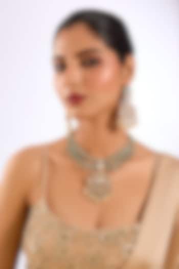 Gold Finish Kundan Polki & Green Beaded Pendant Necklace Set by Auraa Trends at Pernia's Pop Up Shop