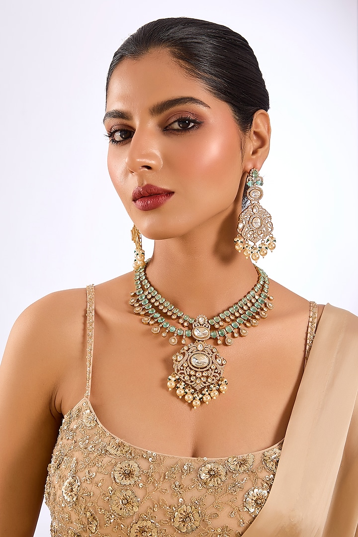 Gold Finish Kundan Polki & Green Beaded Pendant Necklace Set by Auraa Trends at Pernia's Pop Up Shop