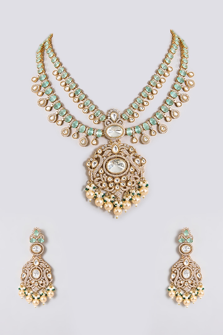 Gold Finish Kundan Polki & Green Beaded Pendant Necklace Set by Aura Trends at Pernia's Pop Up Shop