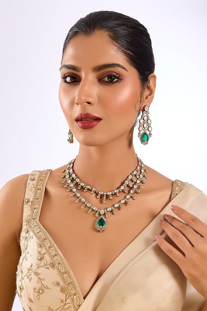 Gold Finish Kundan Polki & Emerald Green Drop Necklace Set by Aura Trends at Pernia's Pop Up Shop