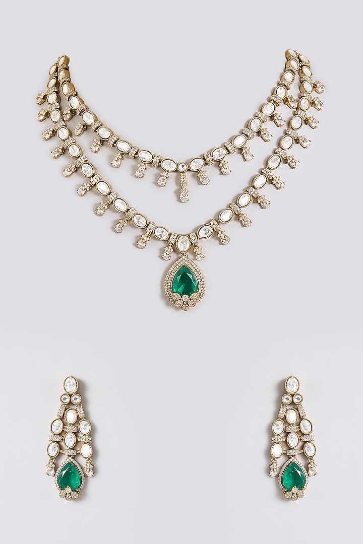 Gold Finish Kundan Polki & Emerald Green Drop Necklace Set by Aura Trends at Pernia's Pop Up Shop