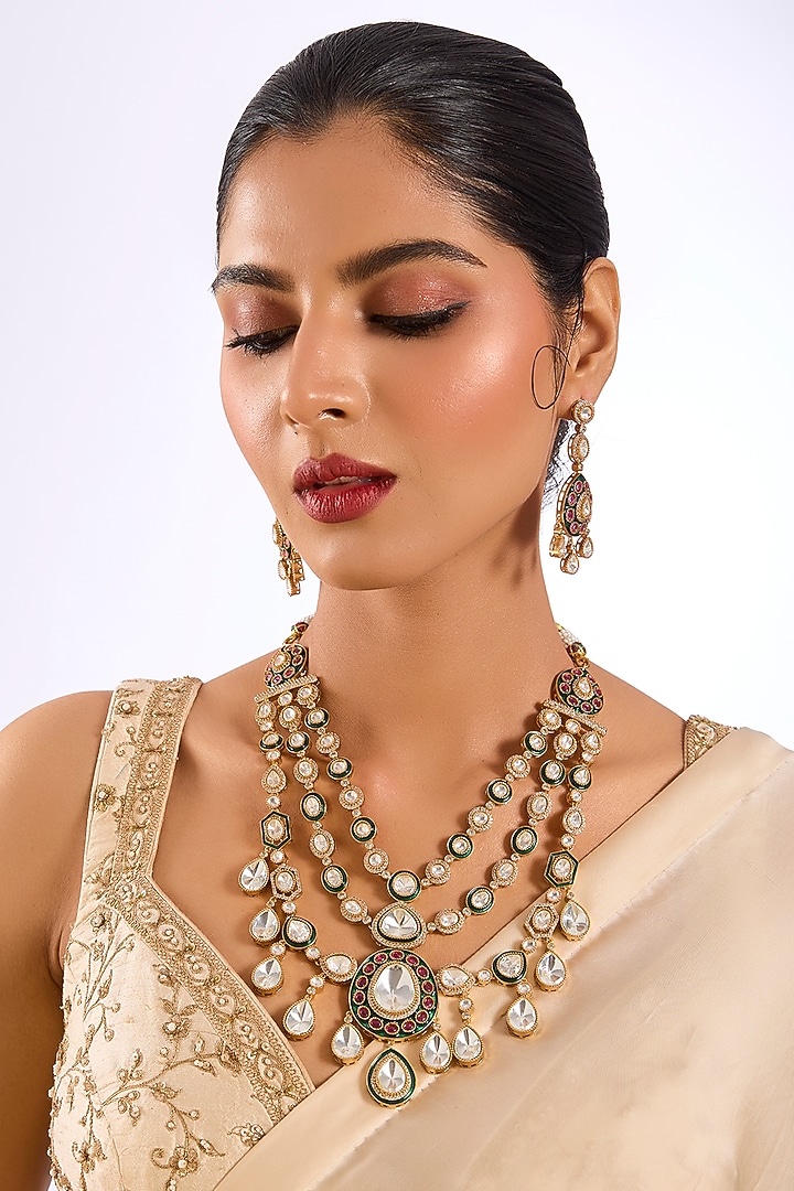 Gold Finish Kundan Polki Layered Necklace Set by Aura Trends at Pernia's Pop Up Shop