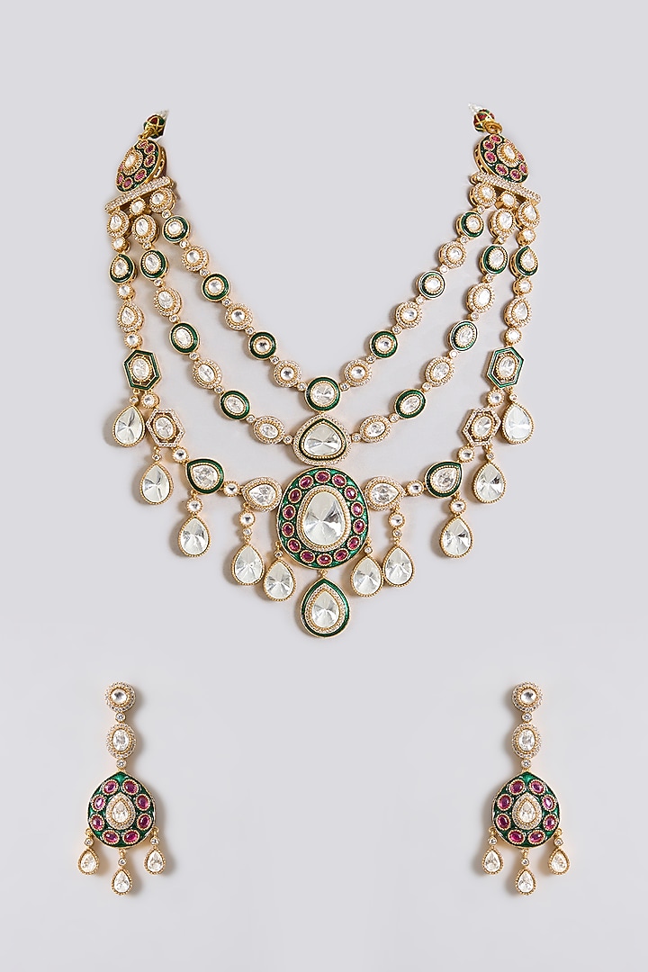 Gold Finish Kundan Polki Layered Necklace Set by Aura Trends at Pernia's Pop Up Shop