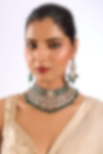 Gold Finish Kundan Polki & Emerald Green Beaded Choker Necklace Set by Auraa Trends at Pernia's Pop Up Shop
