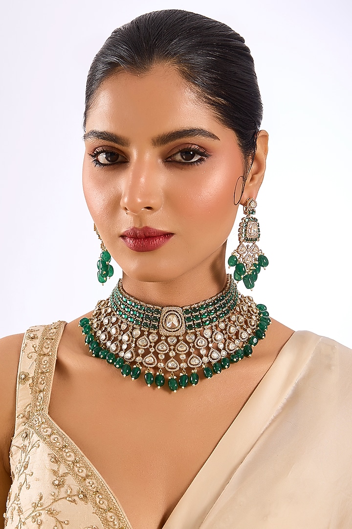 Gold Finish Kundan Polki & Emerald Green Beaded Choker Necklace Set by Auraa Trends at Pernia's Pop Up Shop