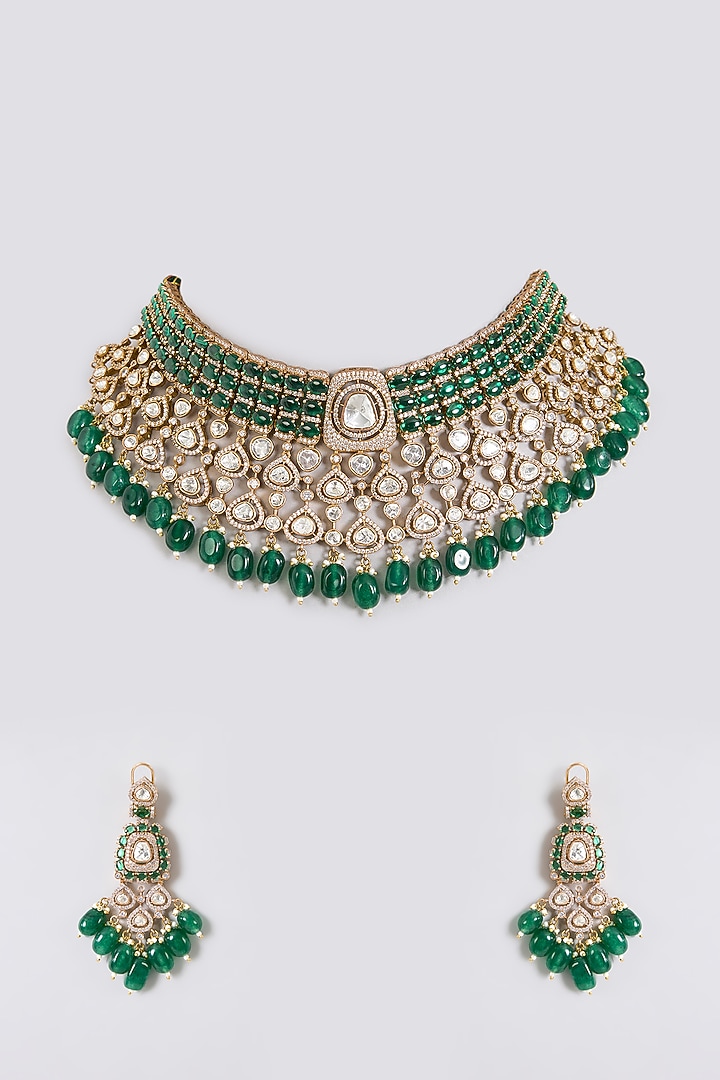 Gold Finish Kundan Polki & Emerald Green Beaded Choker Necklace Set by Aura Trends at Pernia's Pop Up Shop