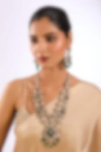 Gold Finish Kundan Polki & Emerald Green Stone Long Layered Necklace Set by Auraa Trends at Pernia's Pop Up Shop