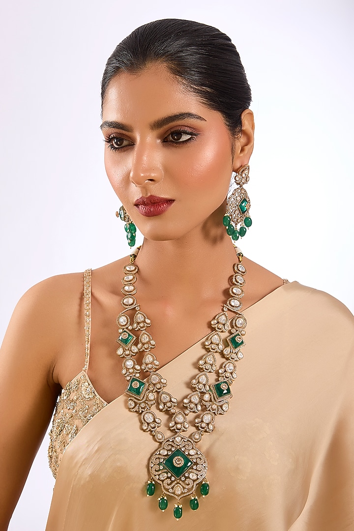 Gold Finish Kundan Polki & Emerald Green Stone Long Layered Necklace Set by Auraa Trends at Pernia's Pop Up Shop