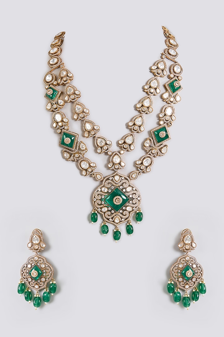Gold Finish Kundan Polki & Emerald Green Stone Long Layered Necklace Set by Aura Trends at Pernia's Pop Up Shop