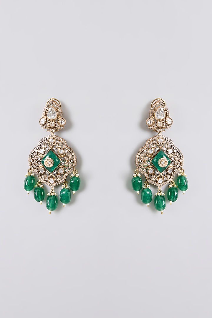 Gold Finish Kundan Polki & Emerald Green Stone Long Layered Necklace Set by Aura Trends at Pernia's Pop Up Shop