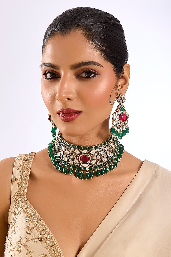 Gold Finish Hand-Set Kundan Polki & Deep Green Beaded Choker Necklace Set by Aura Trends at Pernia's Pop Up Shop