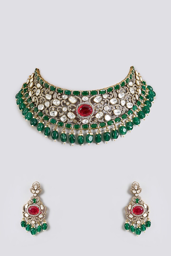 Gold Finish Hand-Set Kundan Polki & Deep Green Beaded Choker Necklace Set by Aura Trends at Pernia's Pop Up Shop