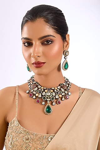 Gold Finish Kundan Polki & Multi-Colored Stone Choker Necklace Set by Aura Trends