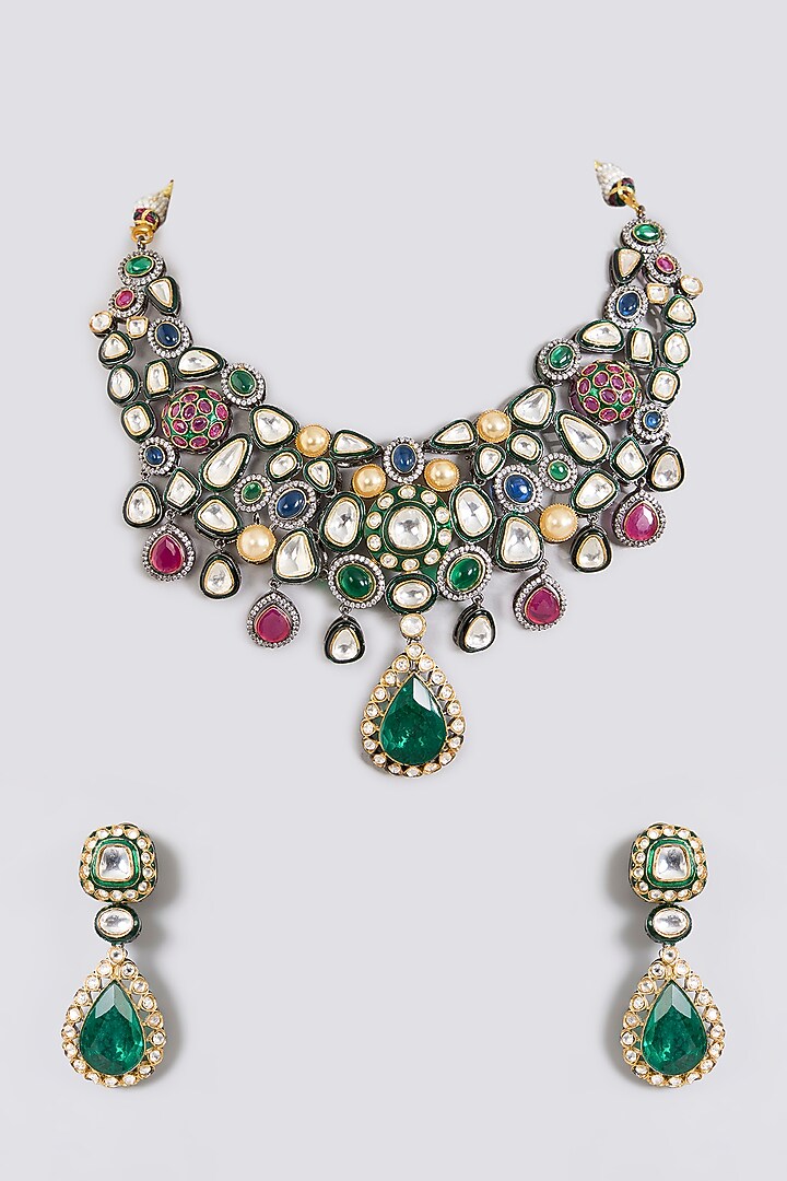 Gold Finish Kundan Polki & Multi-Colored Stone Choker Necklace Set by Aura Trends at Pernia's Pop Up Shop
