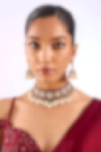 Gold Finish Kundan Polki & Deep Ruby Stone Choker Necklace Set by Auraa Trends at Pernia's Pop Up Shop