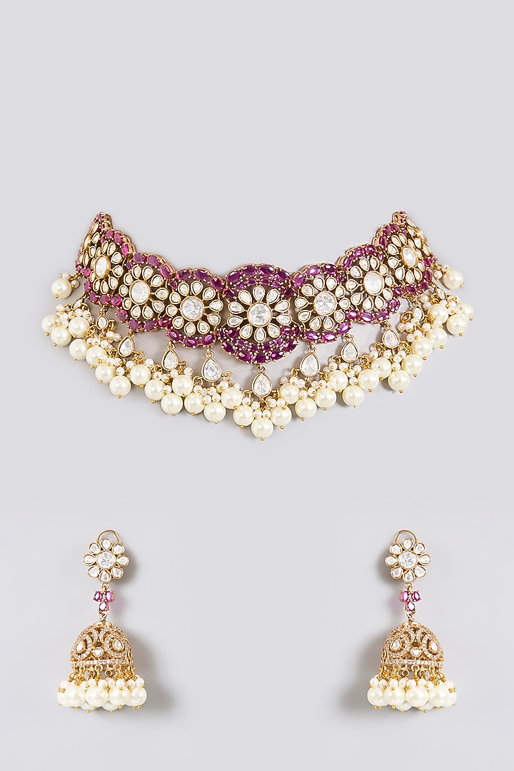 Gold Finish Kundan Polki & Deep Ruby Stone Choker Necklace Set by Aura Trends at Pernia's Pop Up Shop