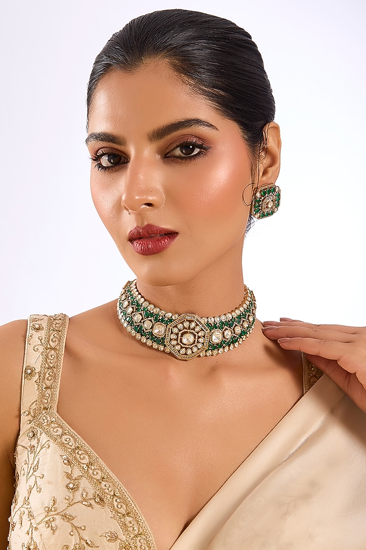 Gold Finish Kundan Polki & Green Stone Choker Necklace Set by Auraa Trends at Pernia's Pop Up Shop