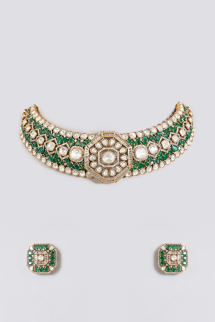 Gold Finish Kundan Polki & Green Stone Choker Necklace Set by Aura Trends at Pernia's Pop Up Shop