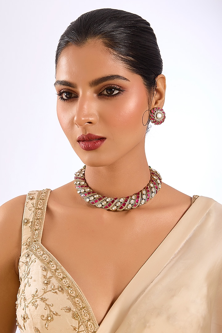 Gold Finish Kundan Polki & Ruby Red Stone Choker Necklace Set by Auraa Trends at Pernia's Pop Up Shop