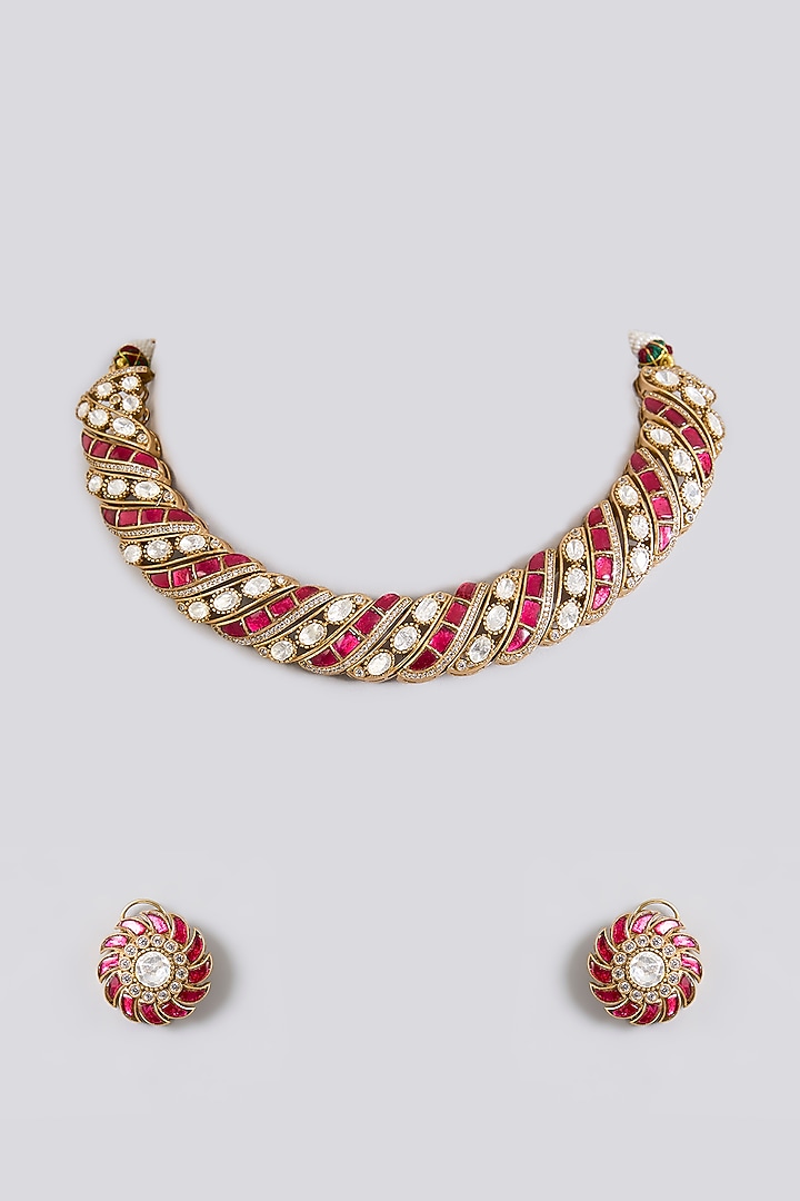 Gold Finish Kundan Polki & Ruby Red Stone Choker Necklace Set by Aura Trends at Pernia's Pop Up Shop