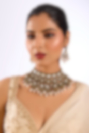Gold Finish Kundan Polki & Soft Pink Beaded Layered Choker Necklace Set by Auraa Trends at Pernia's Pop Up Shop