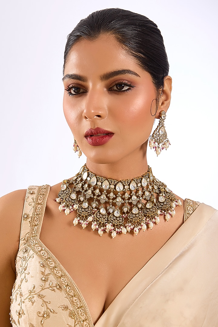 Gold Finish Kundan Polki & Soft Pink Beaded Layered Choker Necklace Set by Auraa Trends at Pernia's Pop Up Shop