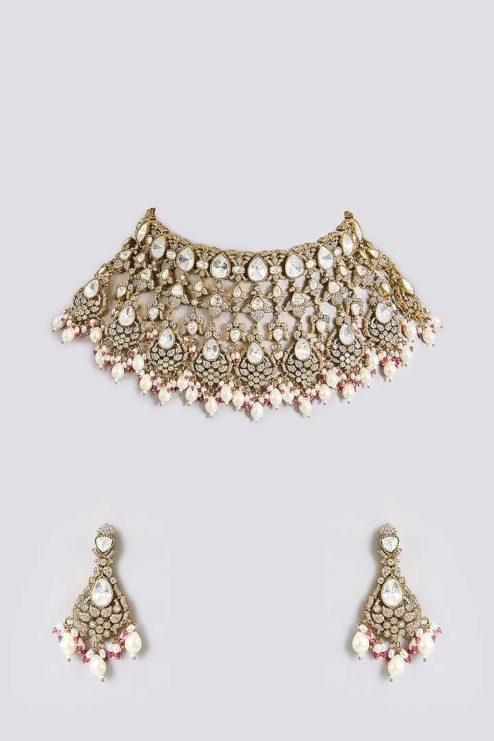 Gold Finish Kundan Polki & Soft Pink Beaded Layered Choker Necklace Set by Aura Trends at Pernia's Pop Up Shop