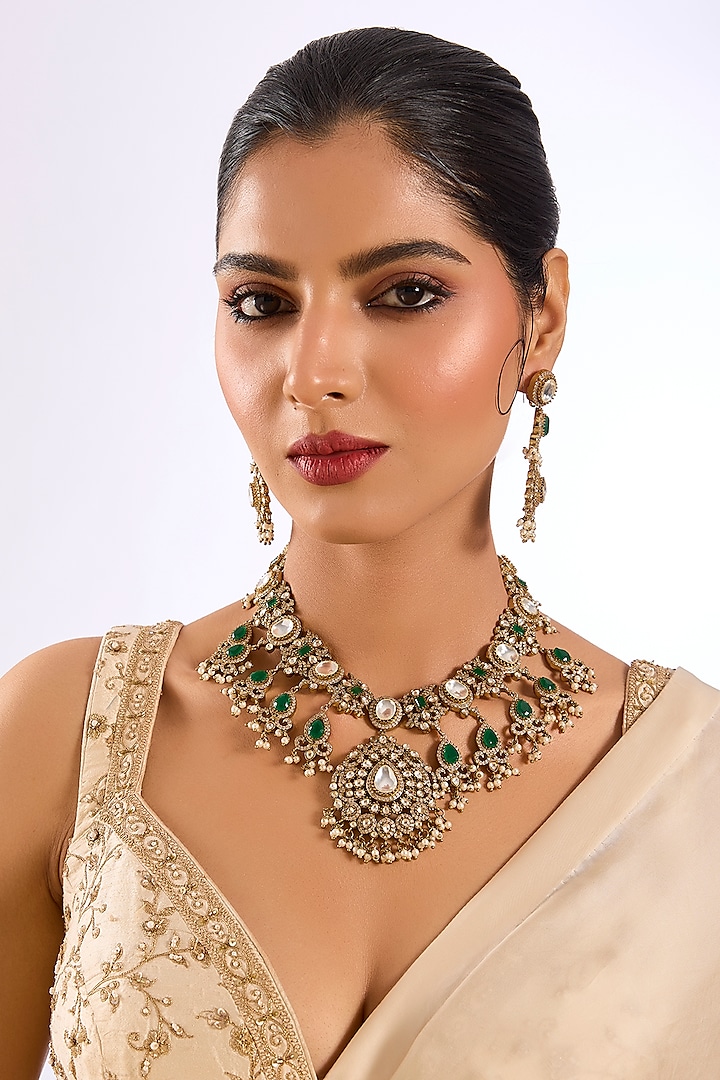 Gold Finish Kundan Polki & Emerald Stone Choker Pendant Necklace Set by Auraa Trends at Pernia's Pop Up Shop