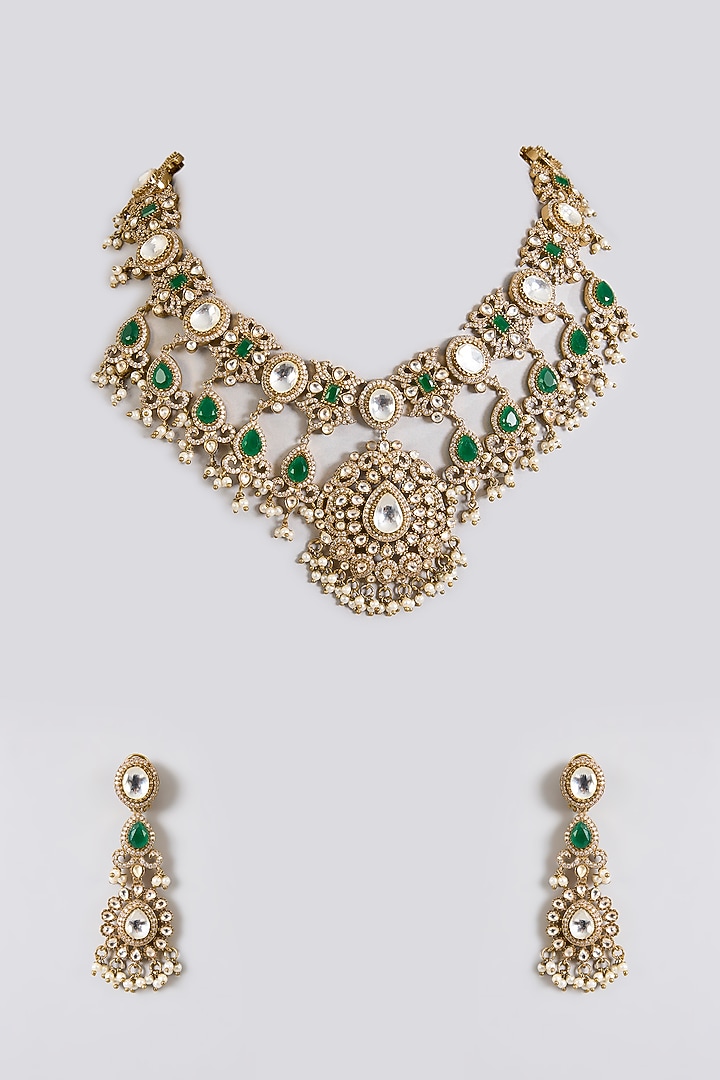 Gold Finish Kundan Polki & Emerald Stone Choker Pendant Necklace Set by Aura Trends at Pernia's Pop Up Shop