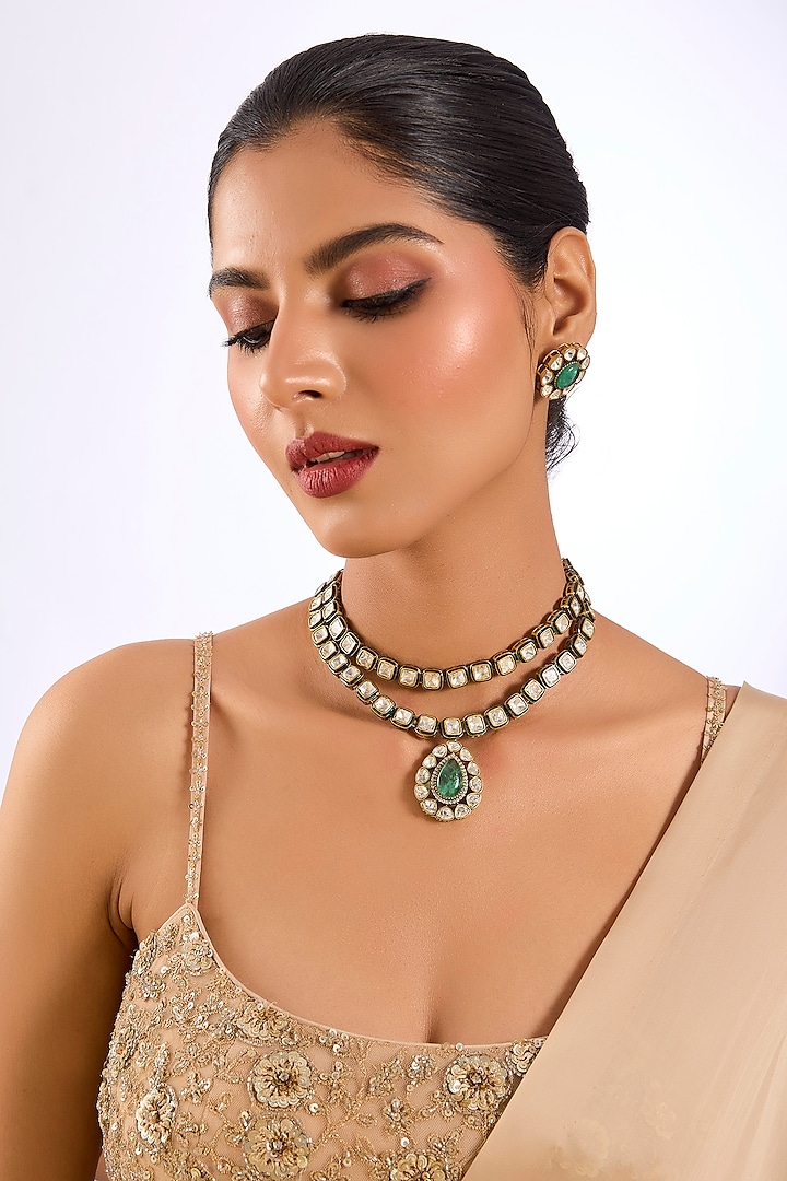 Gold Finish Kundan Polki & Emerald Drop Choker Necklace Set by Auraa Trends at Pernia's Pop Up Shop
