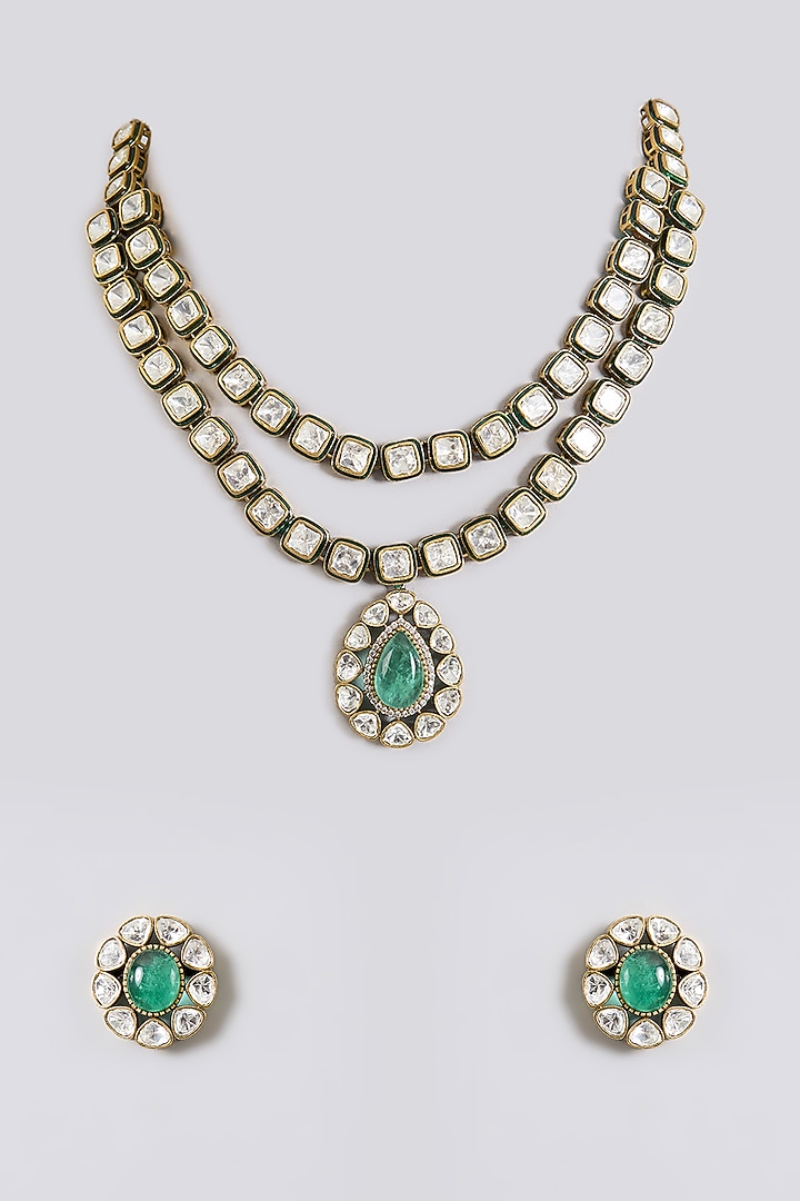 Gold Finish Kundan Polki & Emerald Drop Choker Necklace Set by Aura Trends at Pernia's Pop Up Shop