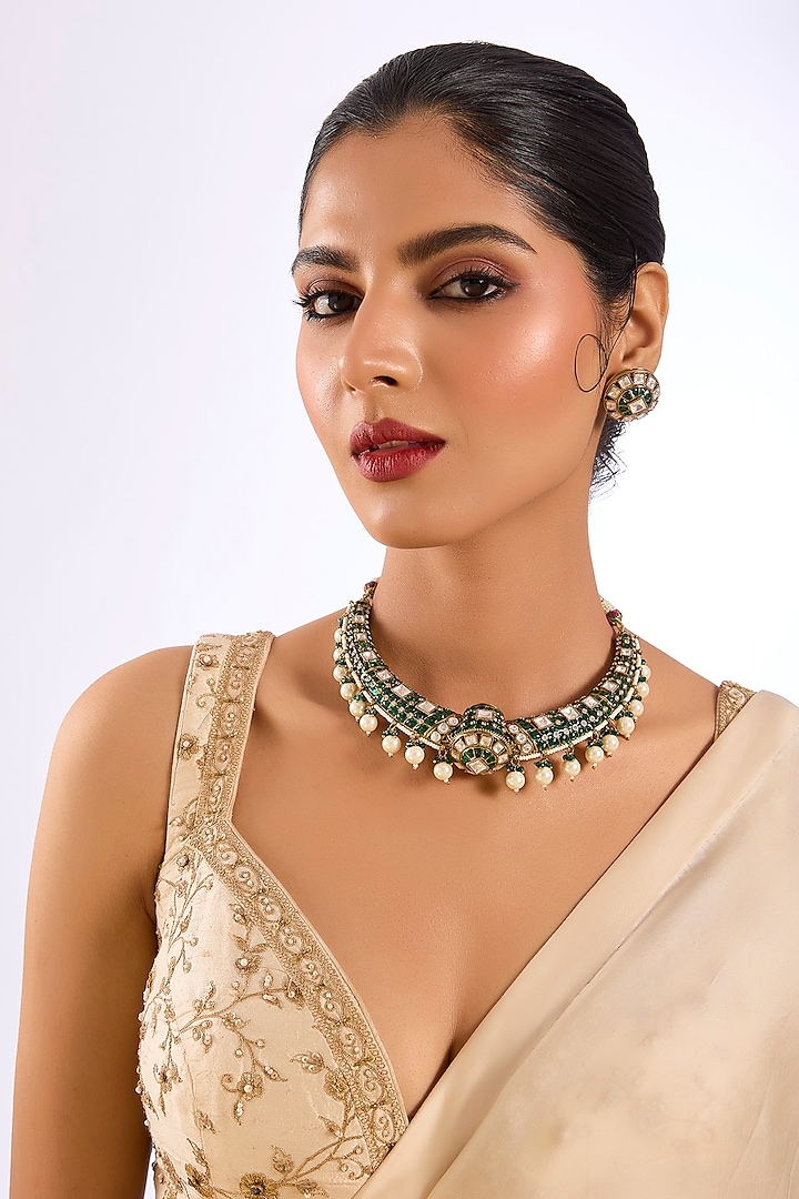 Gold Finish Kundan Stone Emerald Enameled Choker Necklace Set by Auraa Trends at Pernia's Pop Up Shop